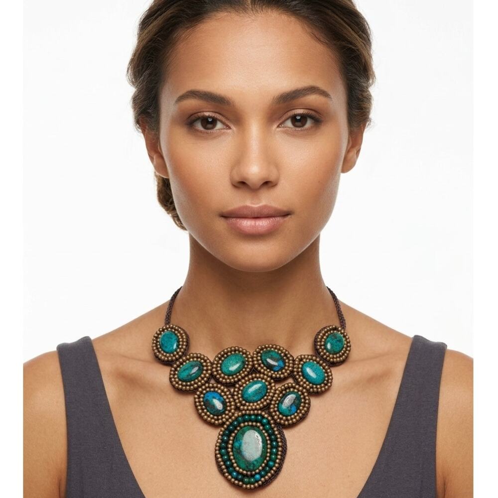 Handcrafted Turquoise Beaded Bib Statement Necklace Crochet Back Gold Tone Clasp